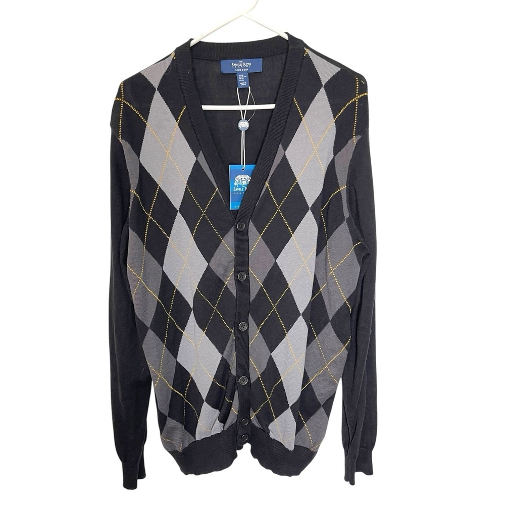 NEW Savile Row XL Black/Gray Argyle Cardigan Cotton Blend Sweater Grandpa Core